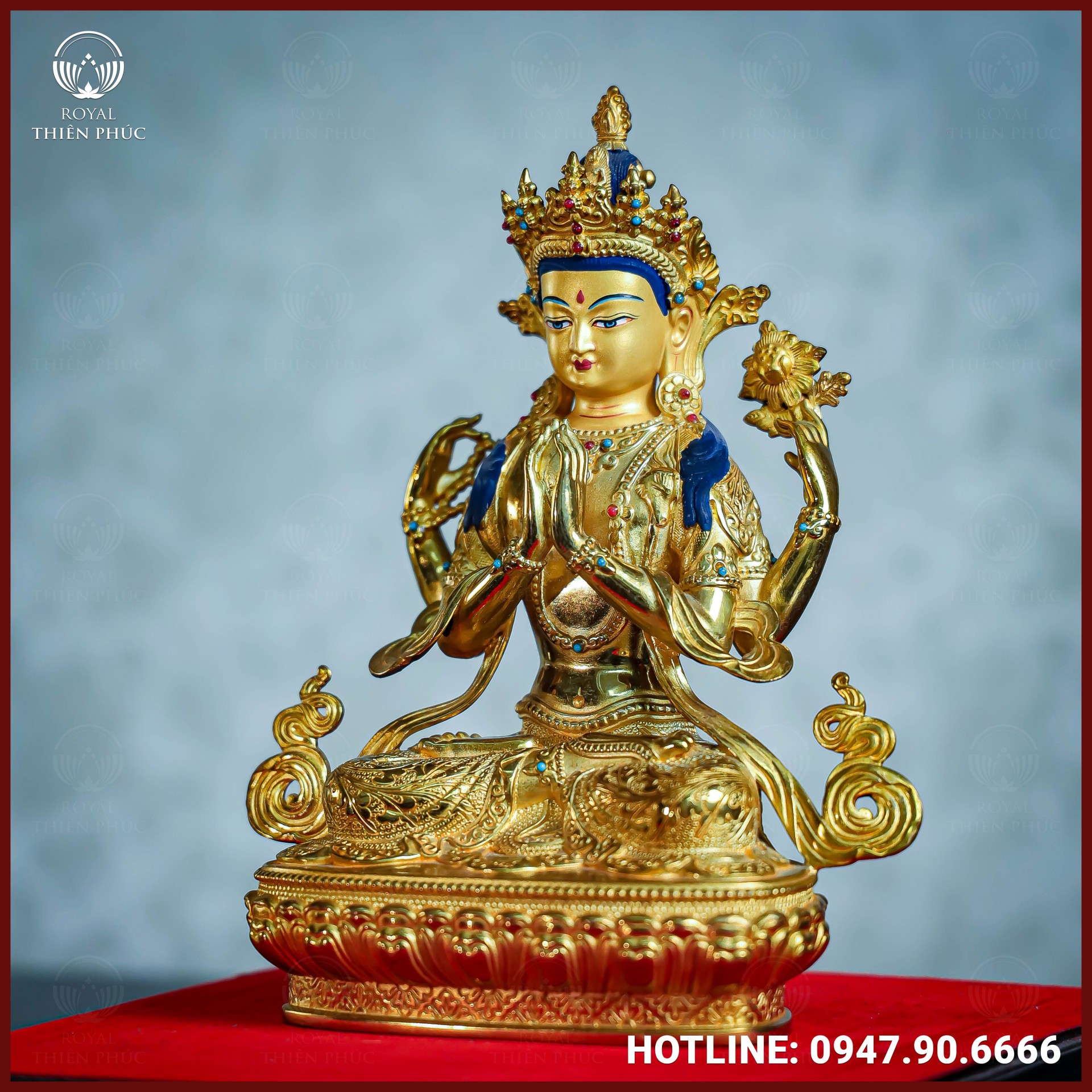 Tôn tượng Quan Âm Tứ Thủ đồng Đài Loan 21,5cm